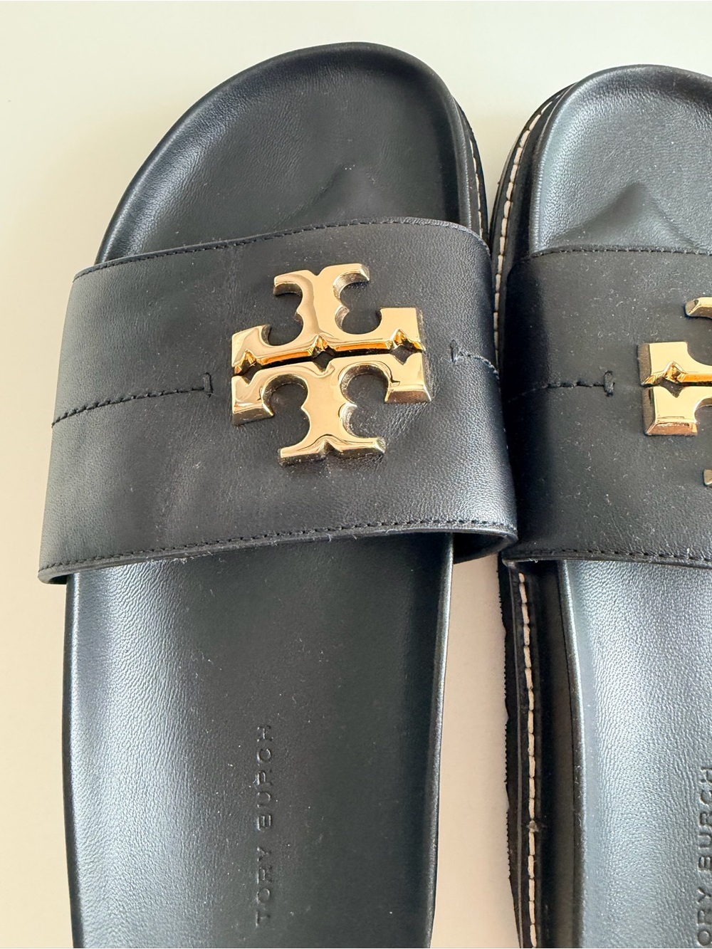 Tory Burch Black Leather Slide Sandals with Gold Emblem - Picture 2 of 5